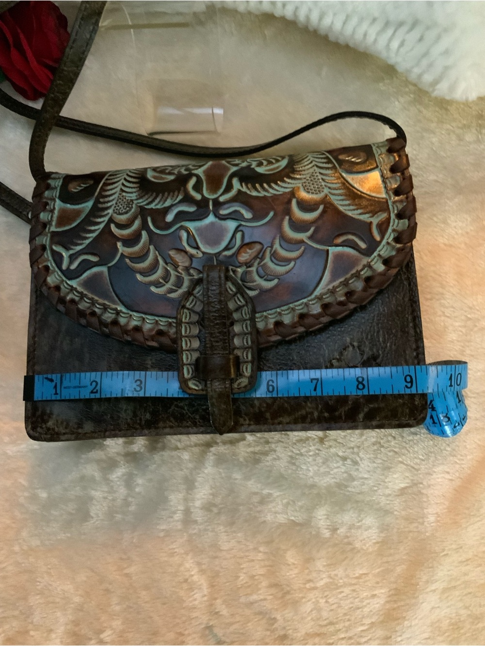 Patricia Nash Handcrafted Tooled Leather Crossbody/Bag in Brown and Turquoise - Picture 3 of 9